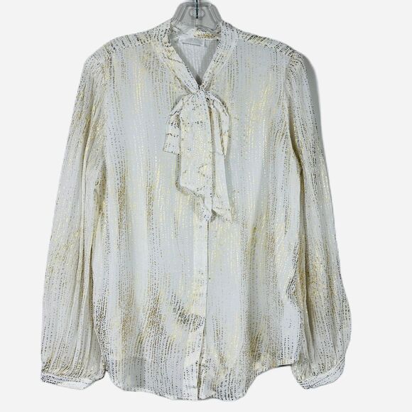 NWT 7 For All Mankind Silk Blend Tie Neck Blouse White Gold Button Down Sz Large - Picture 2 of 13